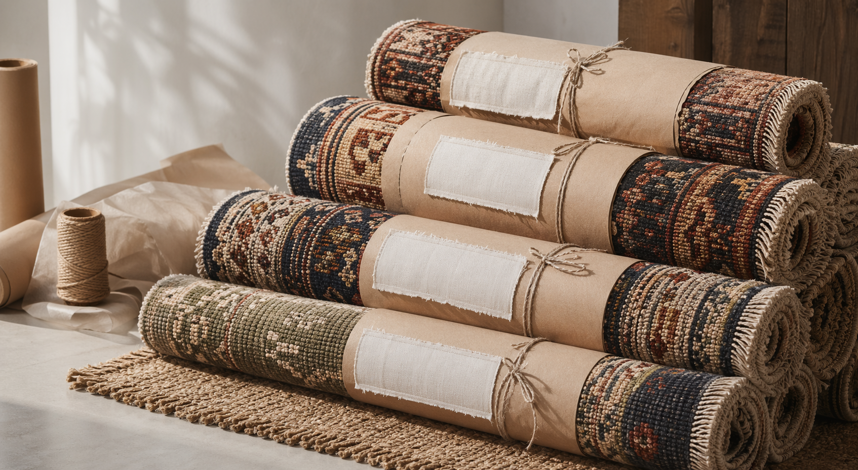 Rolled handmade carpets prepared for packing